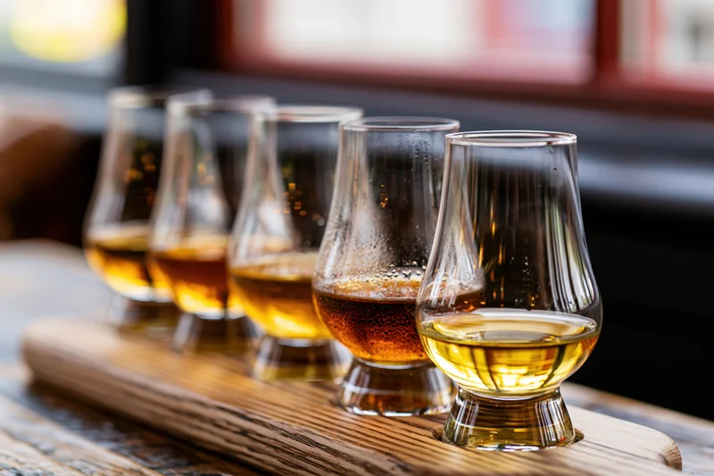 Five glencairn whisky glasses arranged in a wooden flight pad on a bar surface