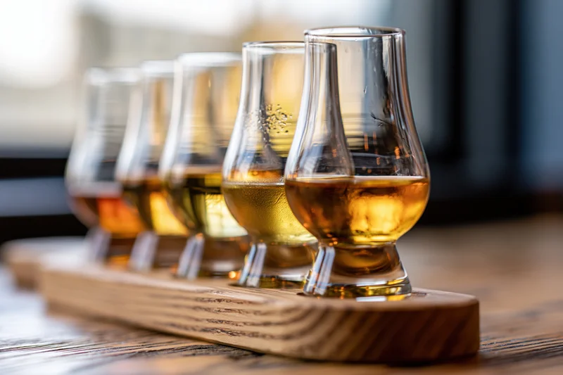 Five glencairn whisky glasses arranged in a wooden flight tray on a table