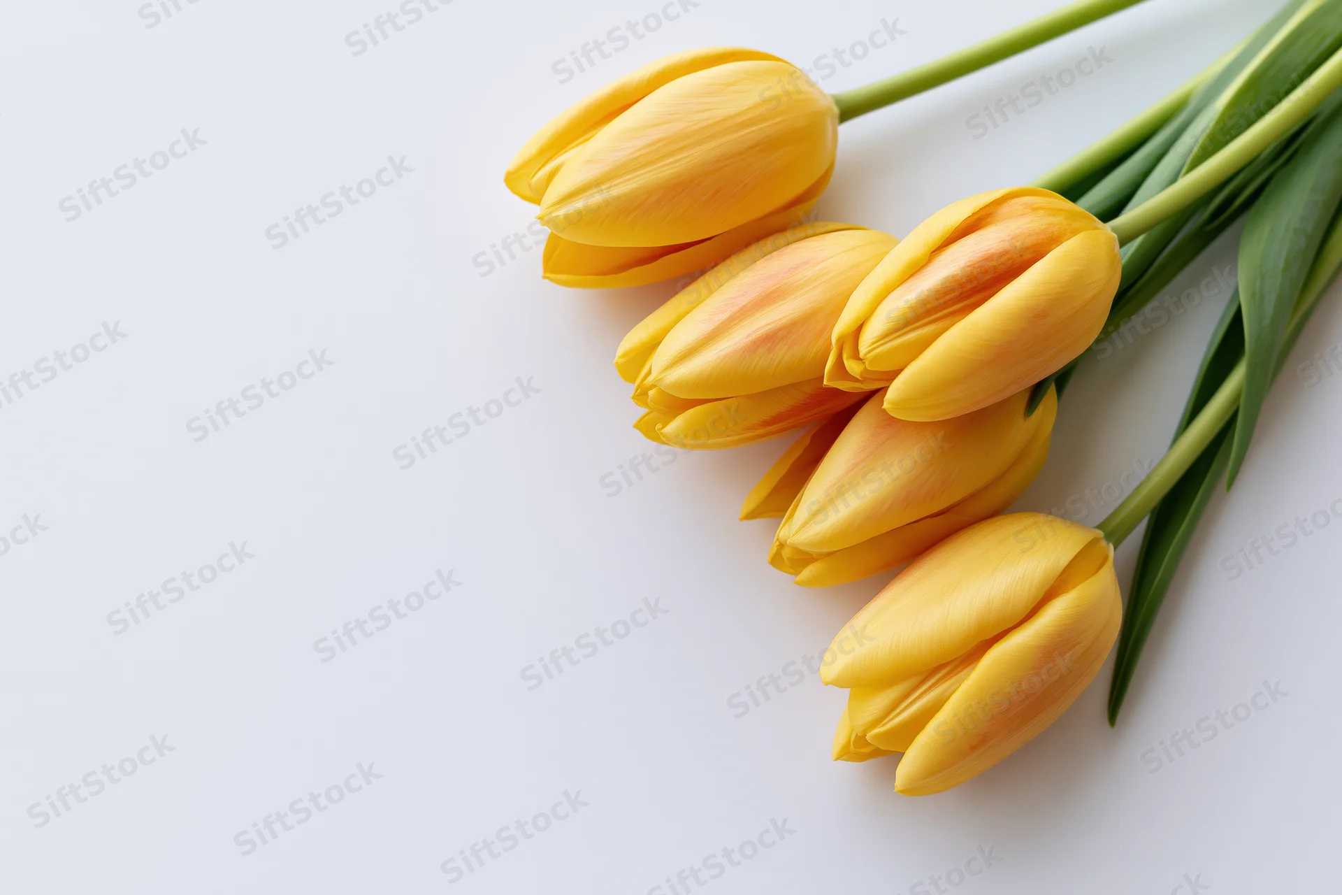 Five yellow tulips with green stems arranged loosely on white surface