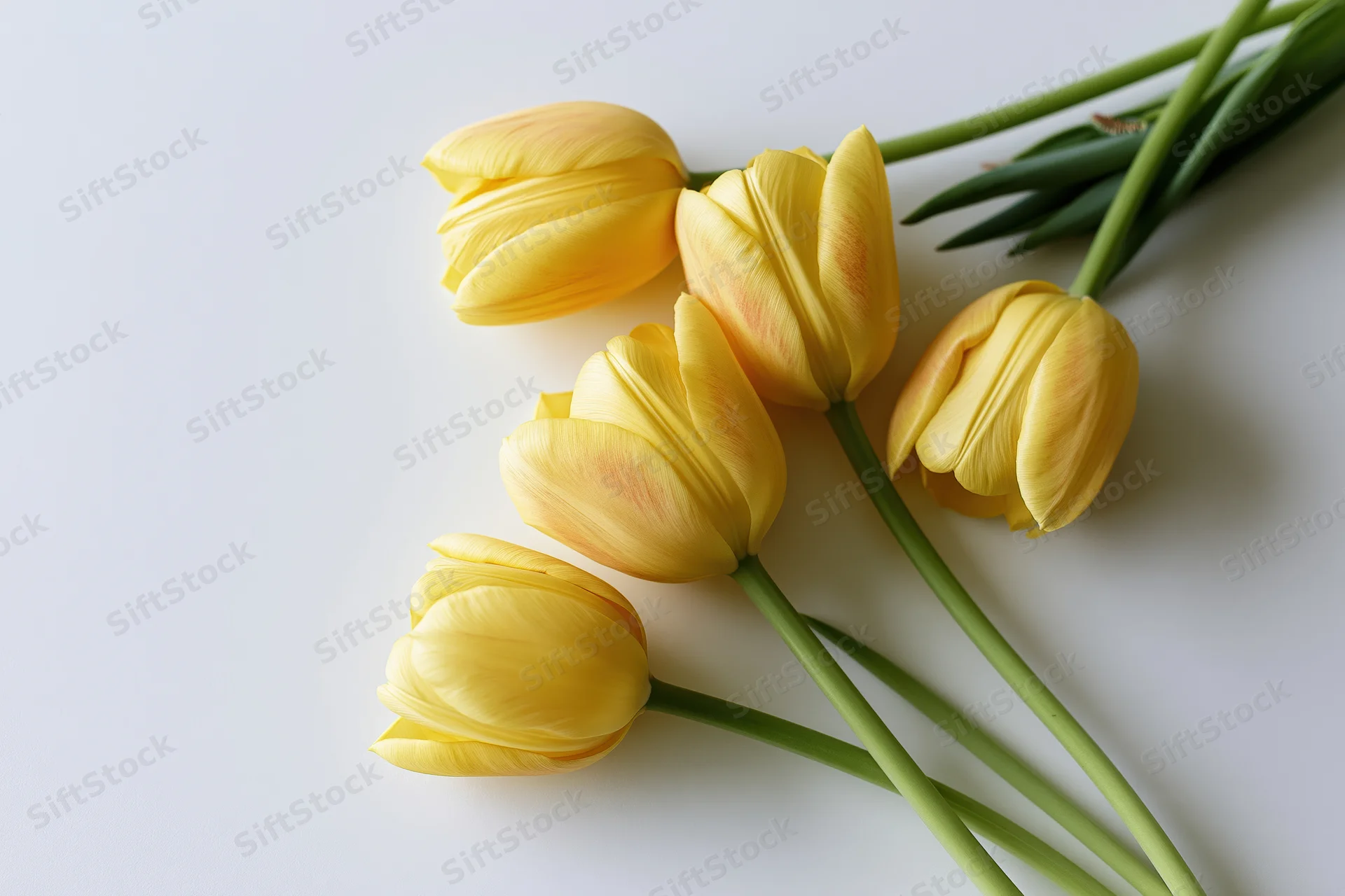 Five yellow tulips arranged loosely on a white surface with copyspace