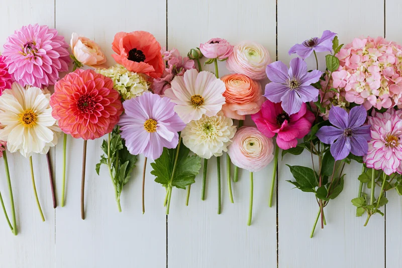 Assorted fresh cut flowers arranged in a flat lay on a white wooden surface