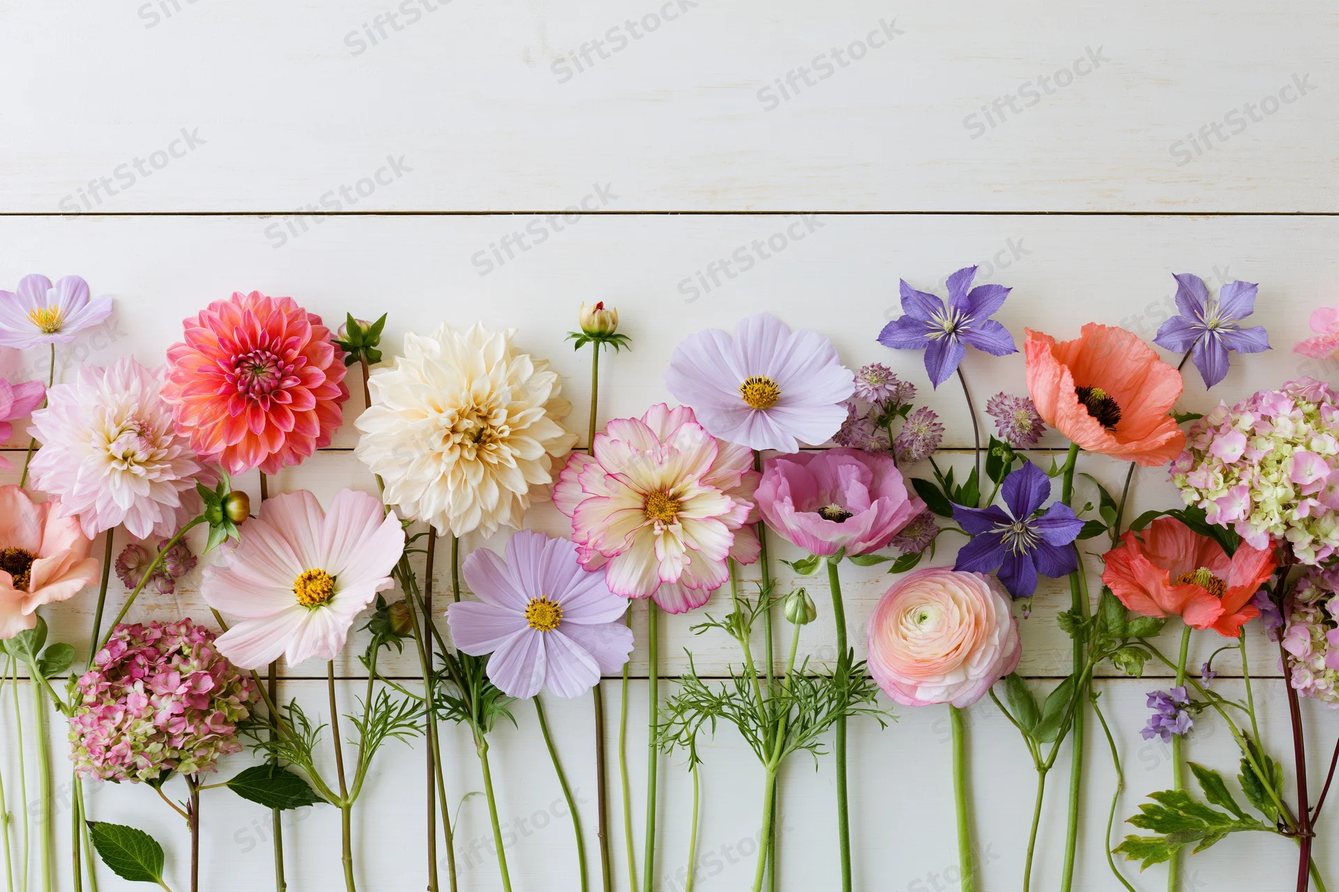 Assorted fresh cut flowers arranged in a flat lay along a white wooden surface with copyspace above