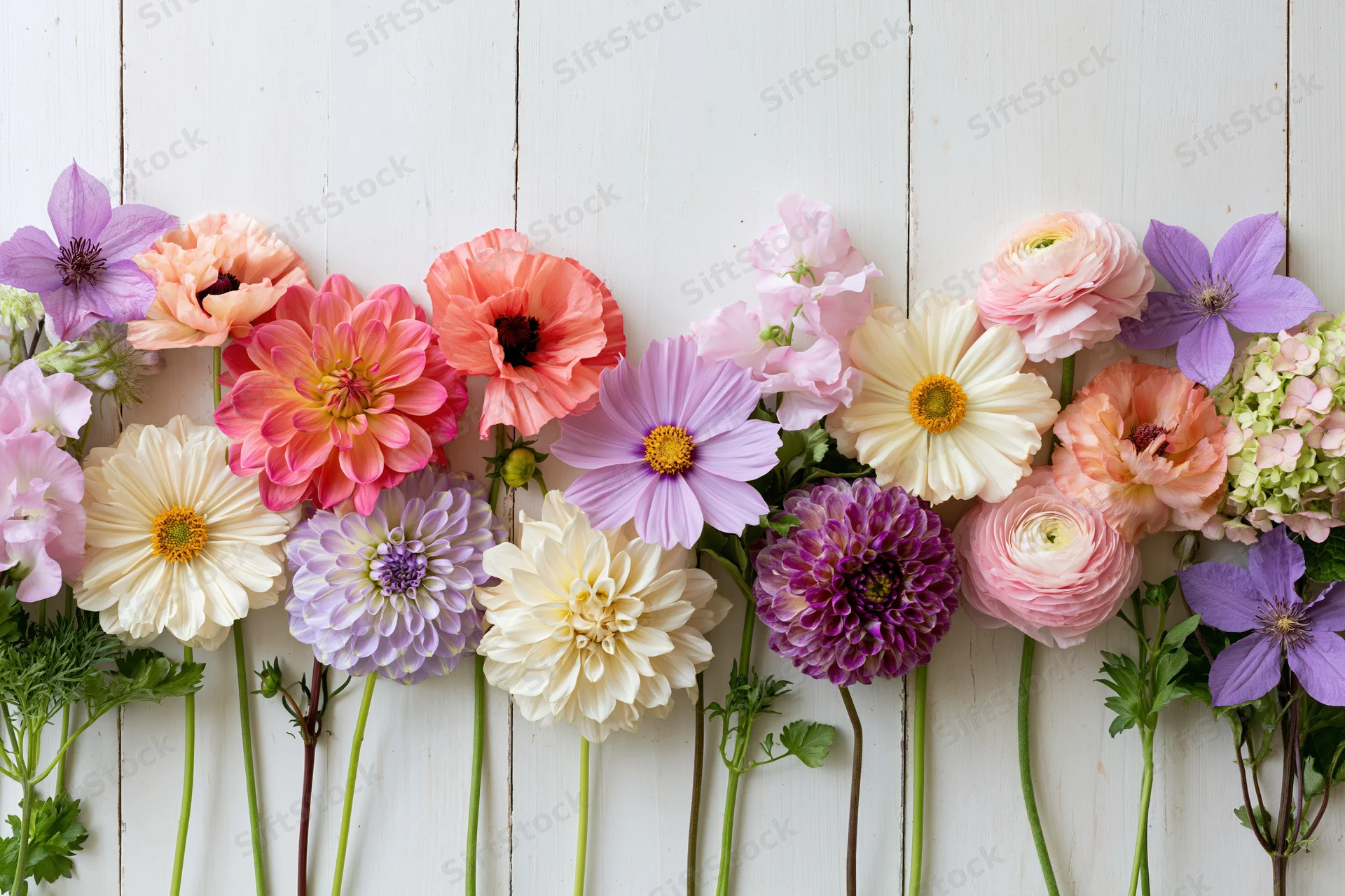 Assorted fresh cut flowers arranged in a flat lay on a white wooden surface