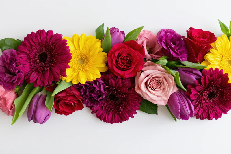 Flat lay arrangement of mixed cut flowers including gerbera daisies, roses, and tulips on white background
