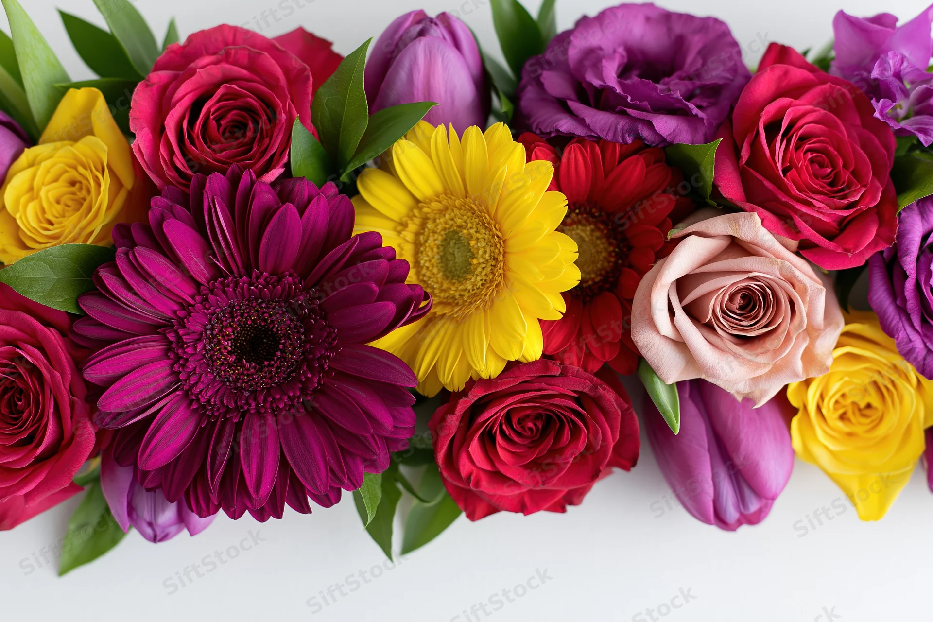 Flat lay arrangement of mixed cut flowers including gerbera daisies, roses, and tulips on white background