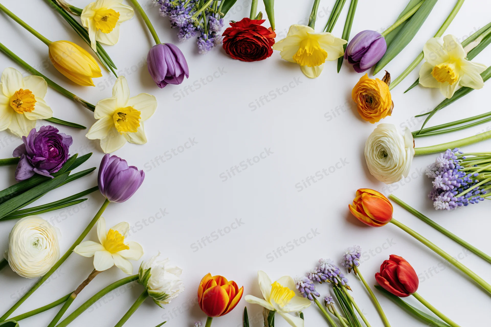 Mixed spring flowers arranged in a circular flat lay on white background with copyspace