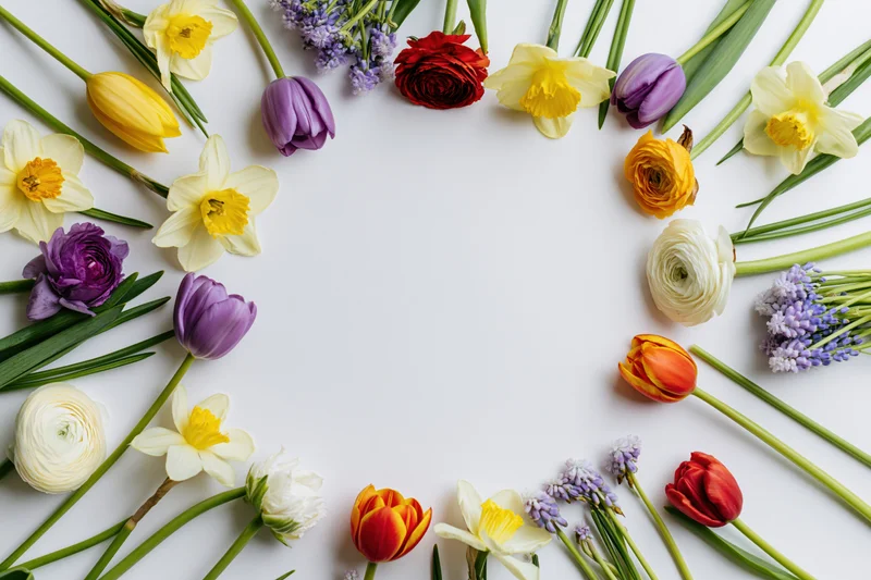 Mixed spring flowers arranged in a circular flat lay on white background with copyspace