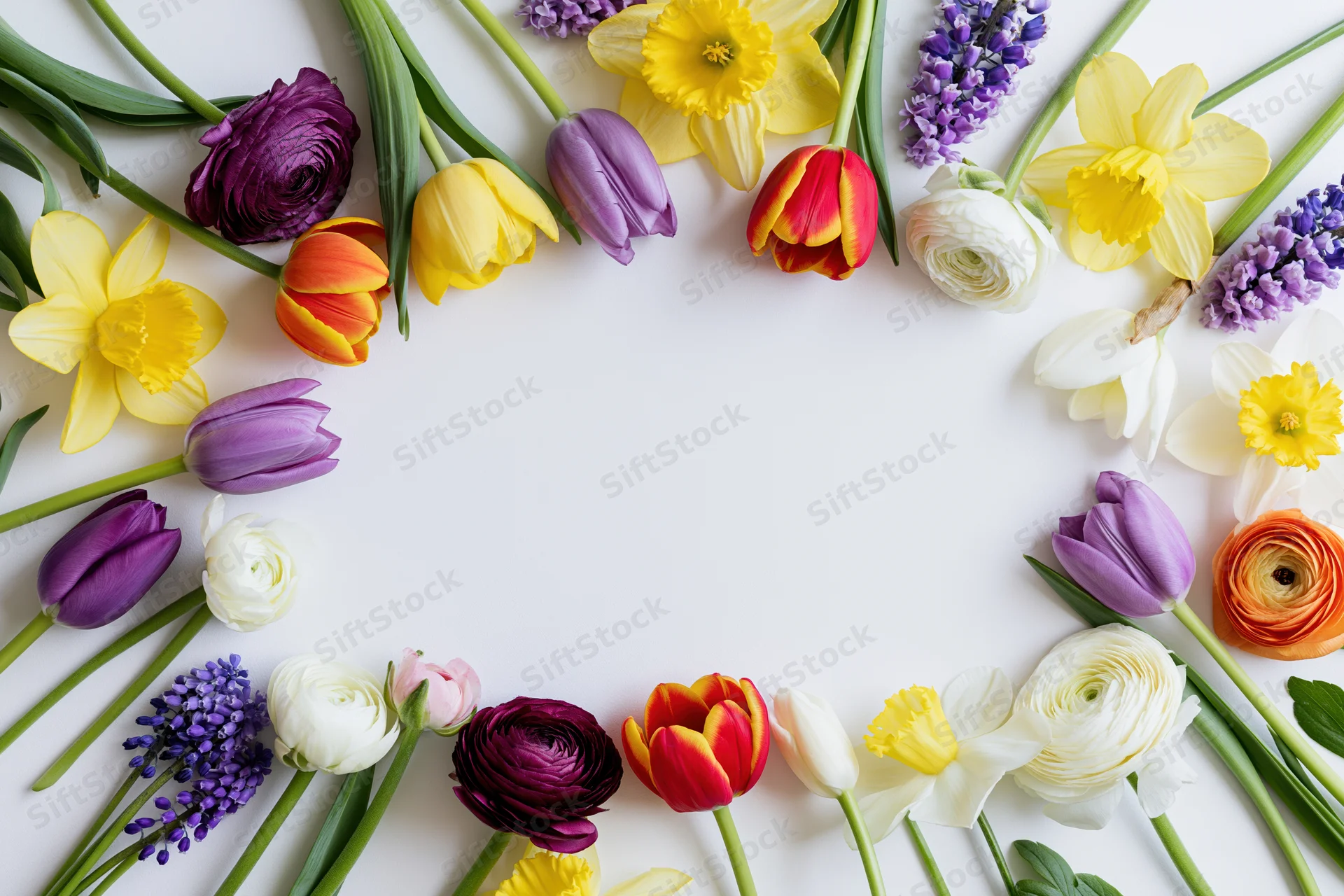 Mixed spring flowers arranged in a flat lay circle on white background with copyspace