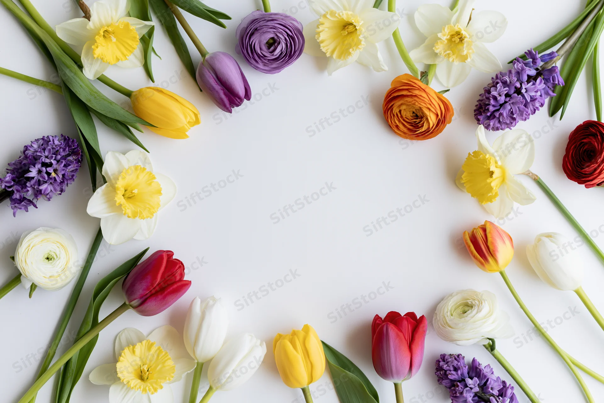 Mixed spring flowers arranged in a flat lay frame on white background with copyspace