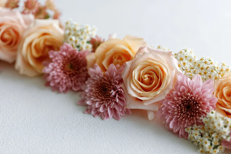 Flat lay arrangement of peach roses and pink chrysanthemums with white filler flowers on white surface