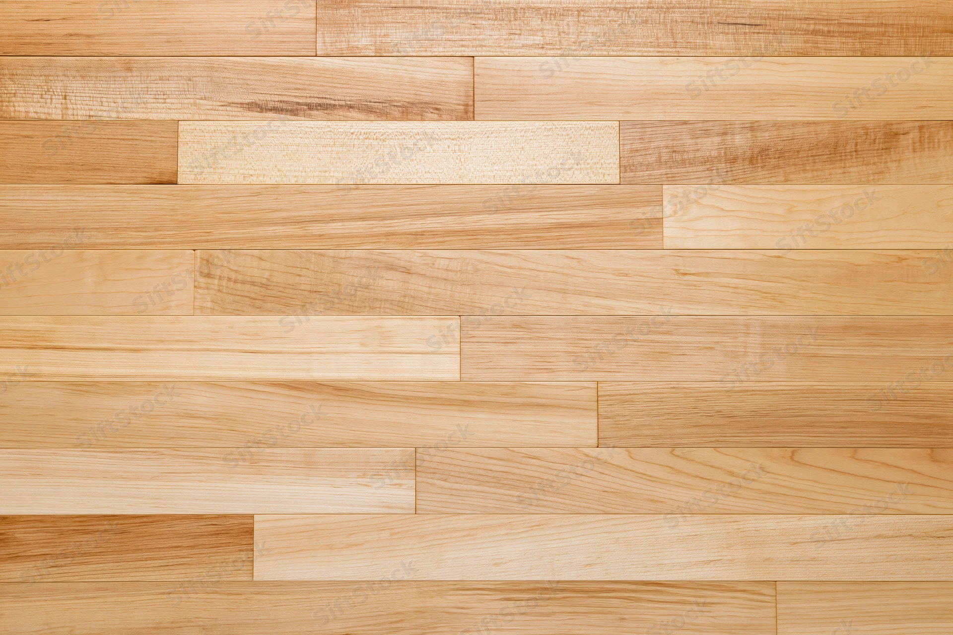 Horizontal maple hardwood floor planks arranged in a seamless pattern for interior flooring