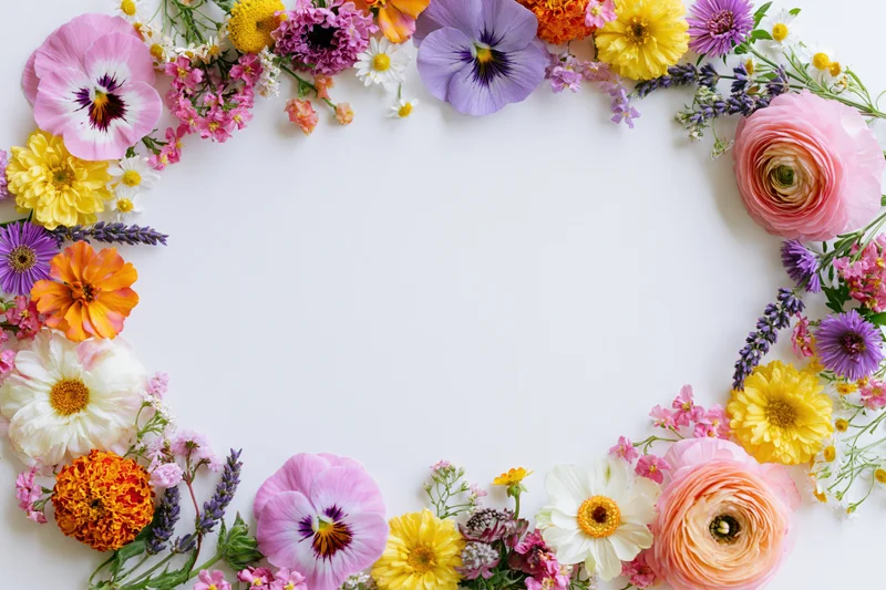 Assorted fresh-cut flowers arranged in a loose bohemian frame on white background with copyspace