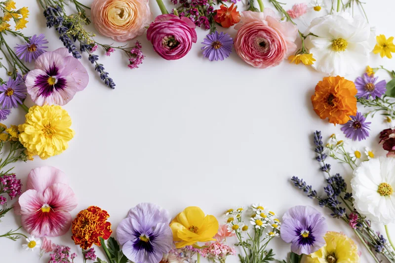Assorted fresh-cut flowers arranged in a loose border on white background with copyspace