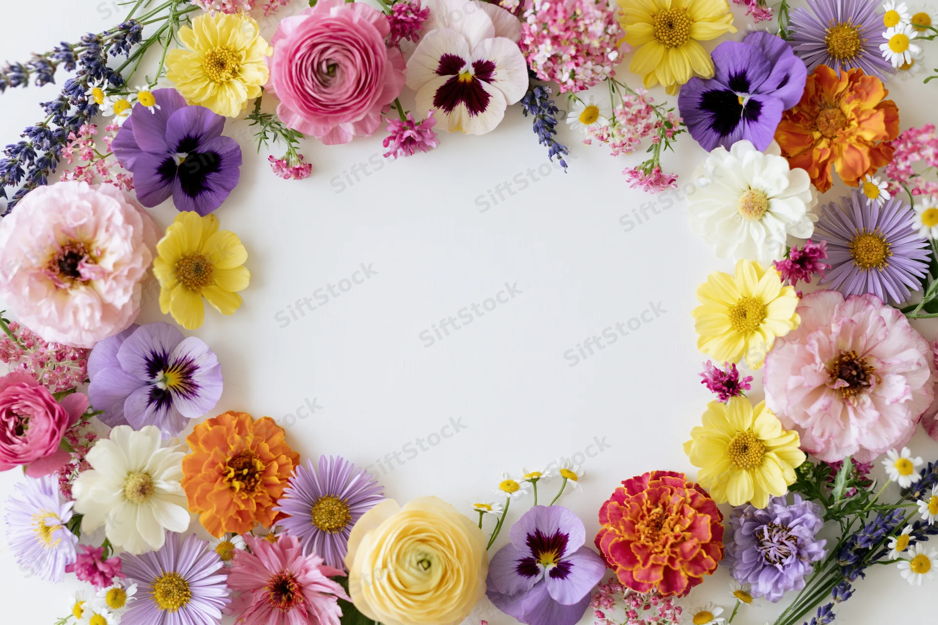 Assorted fresh-cut flowers arranged in a loose circular frame on white background with copyspace