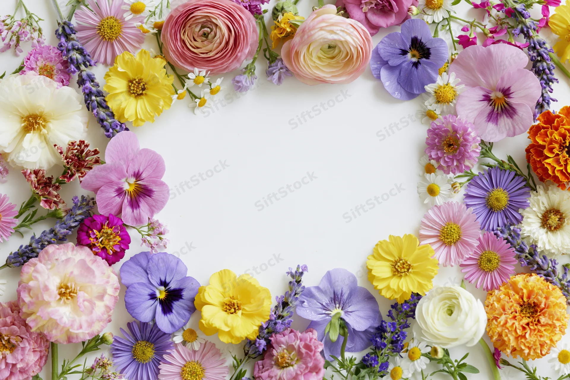 Assorted fresh-cut flowers arranged in a loose border frame on white background with copyspace