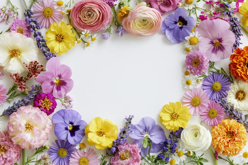 Assorted fresh-cut flowers arranged in a loose border frame on white background with copyspace