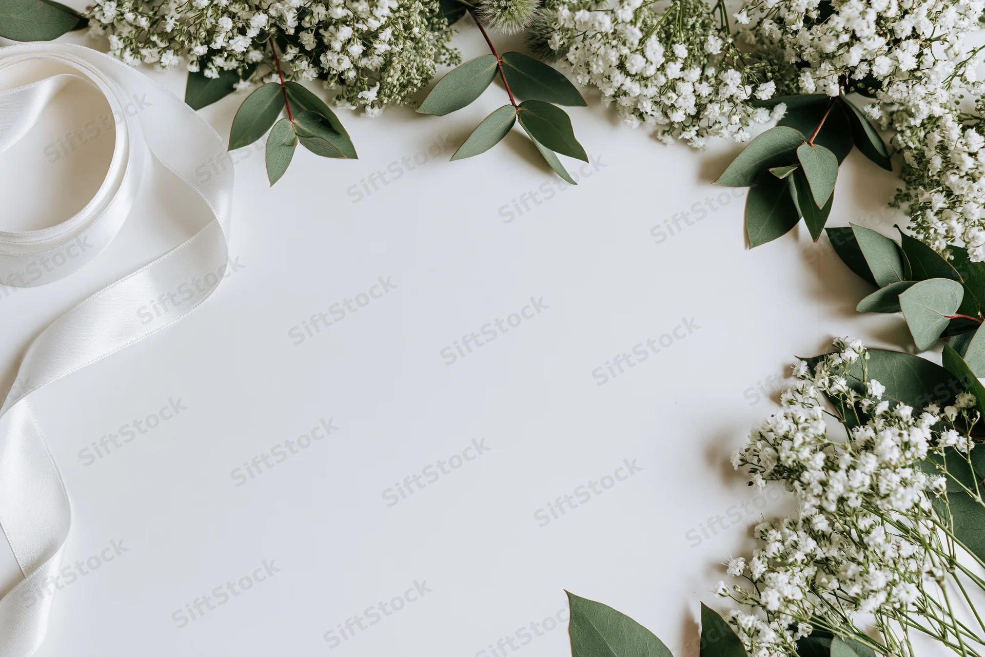 Baby's-breath and eucalyptus arranged in a flat lay with white ribbon on a white surface, forming a decorative border with copyspace in the center