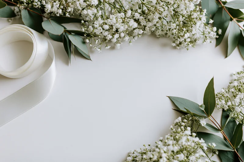 Baby's-breath and eucalyptus arranged in a flat lay with white ribbon on a white surface, forming a floral border with copyspace