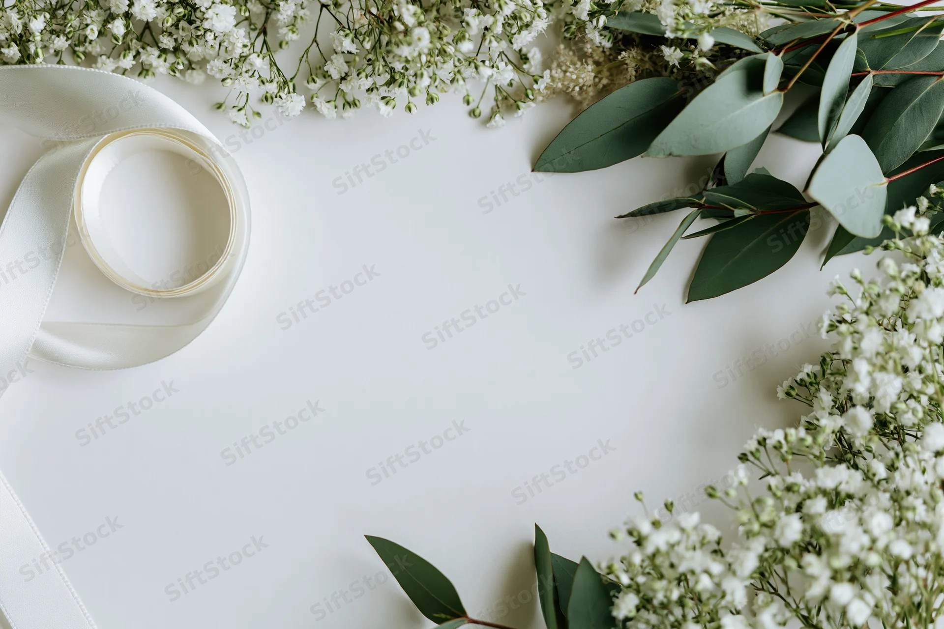Baby's-breath and eucalyptus arranged in a flat lay with ribbon and tape on a white surface
