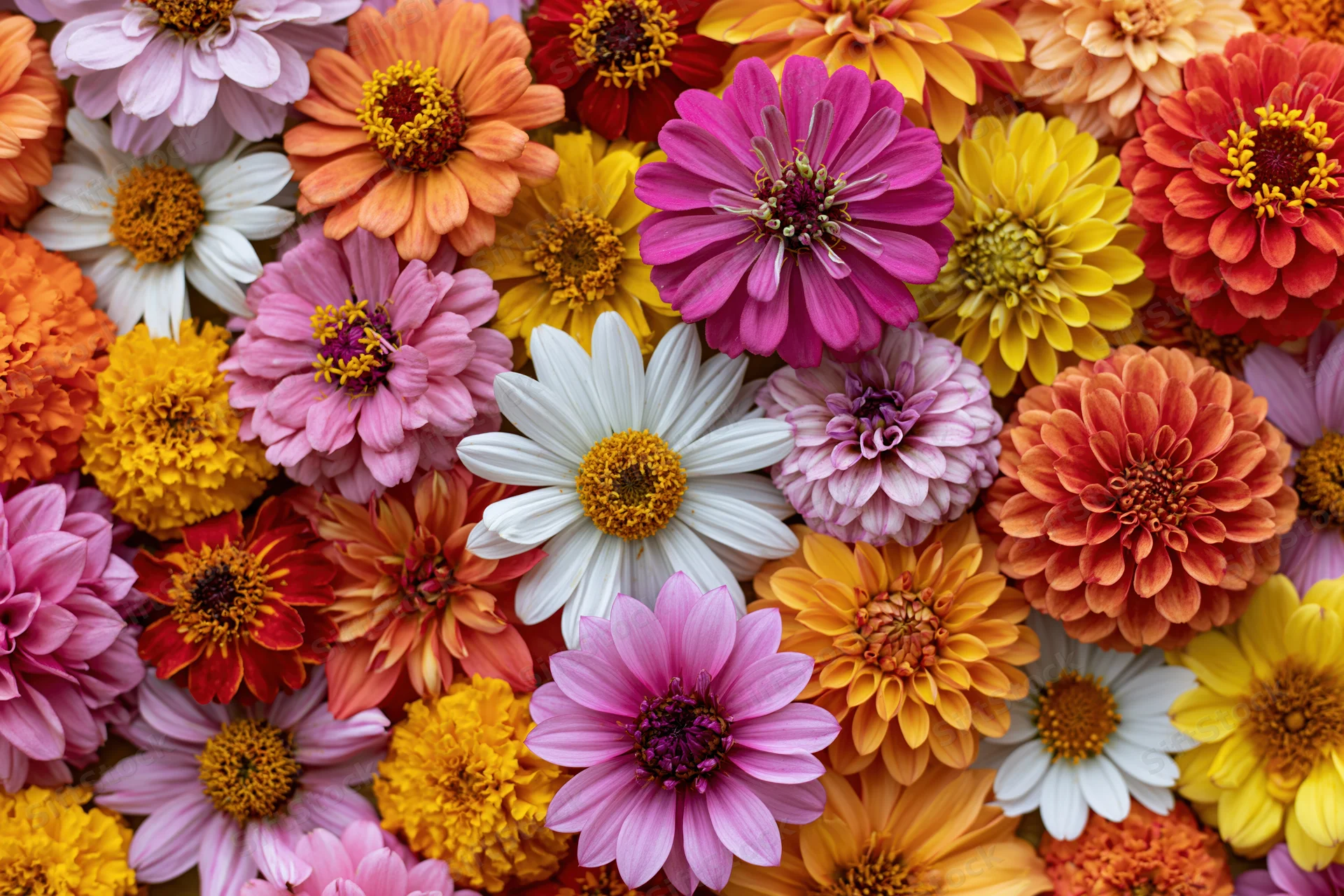 Flat lay of densely packed mixed garden flowers zinnias and daisies in vibrant colors