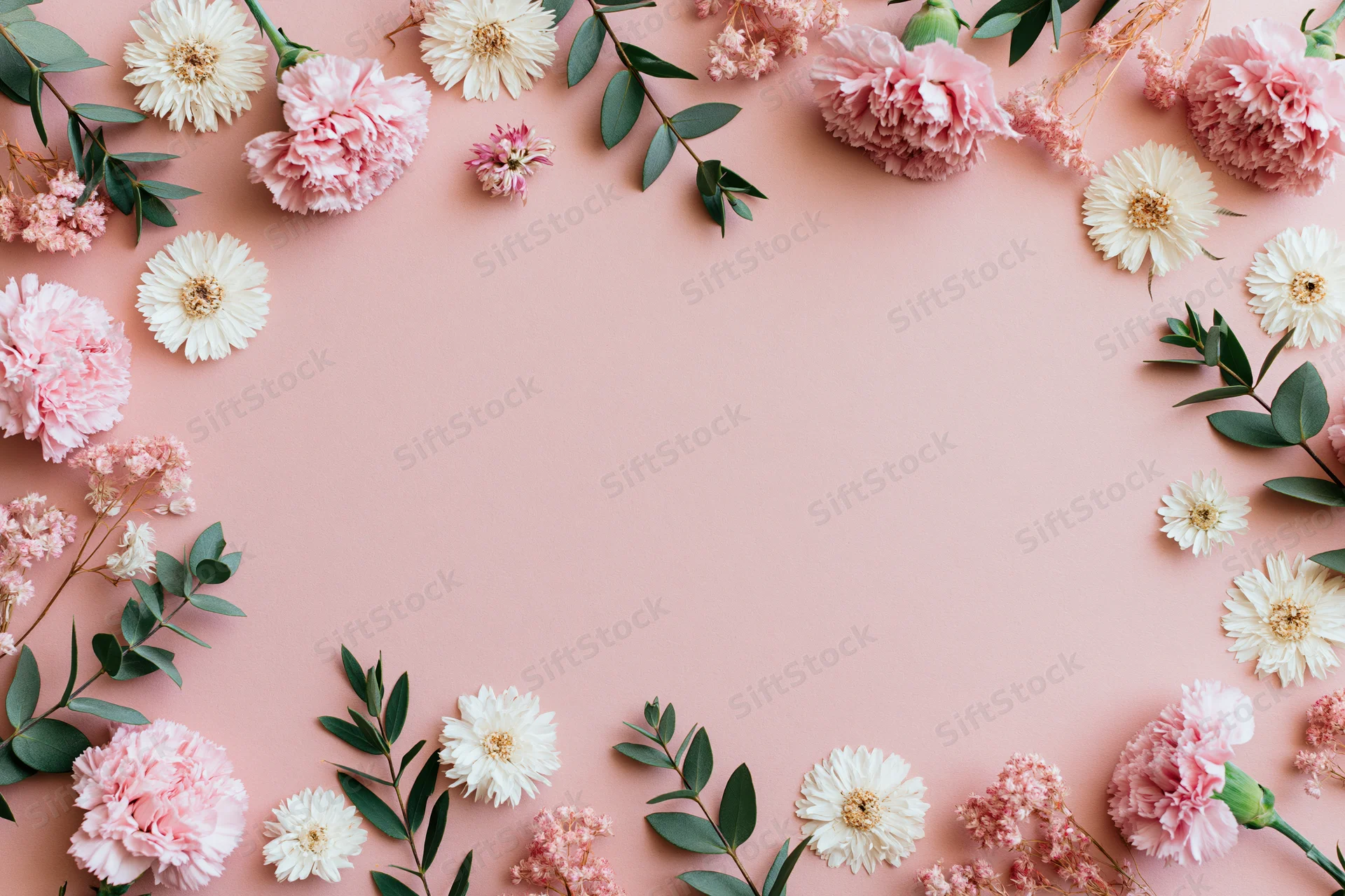 Scattered pink carnations and white daisies with eucalyptus leaves arranged in a flat lay frame on a pink background