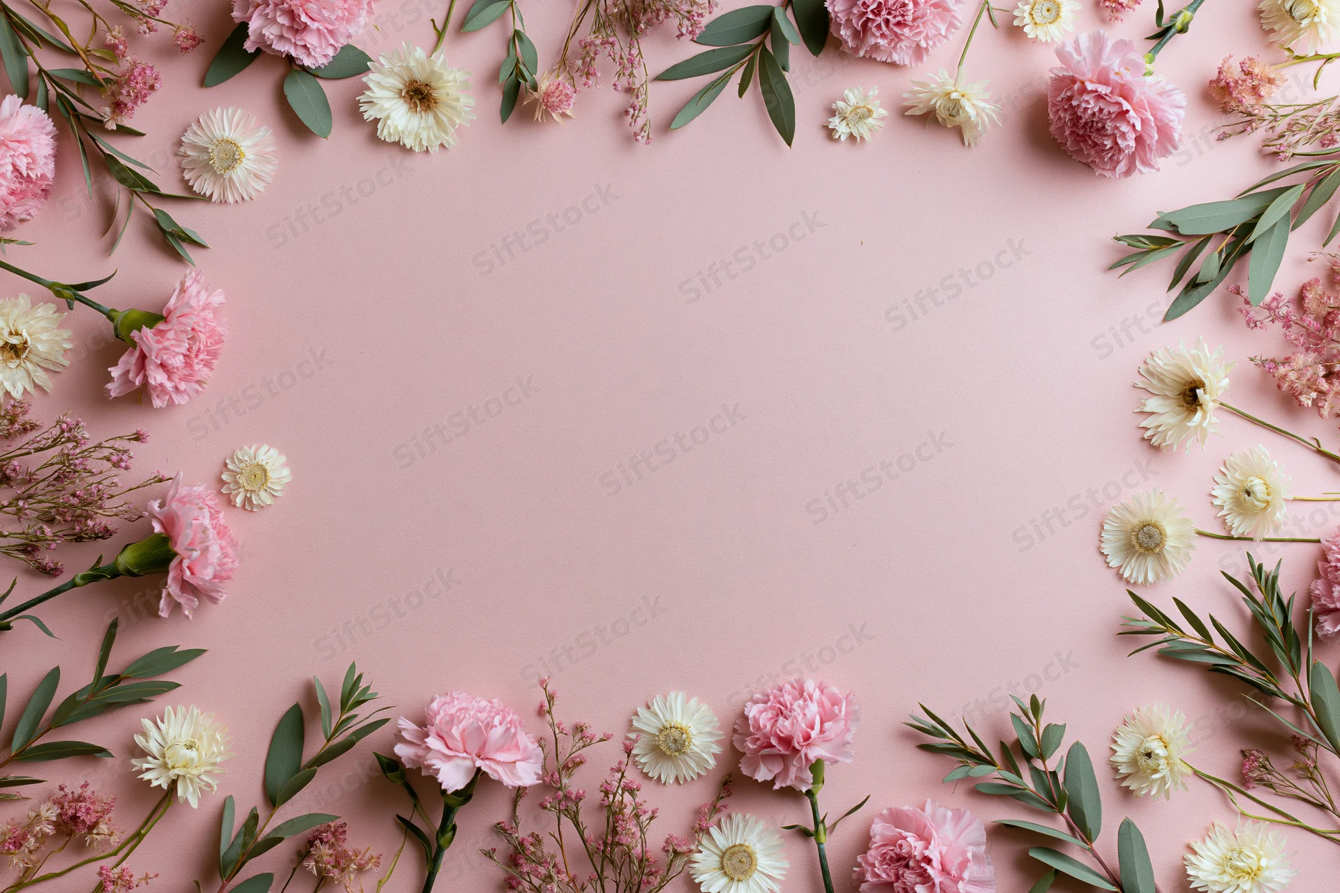 Scattered pink carnations and white daisies with greenery arranged in a frame on a pink background