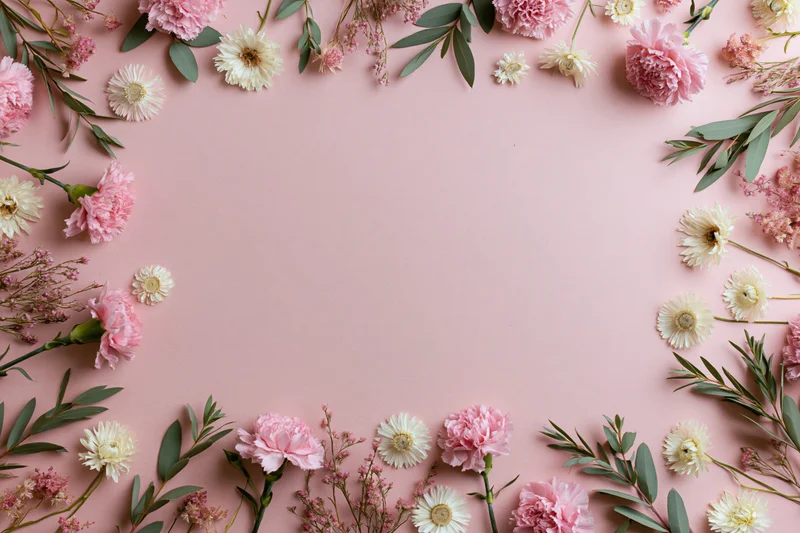 Scattered pink carnations and white daisies with greenery arranged in a frame on a pink background