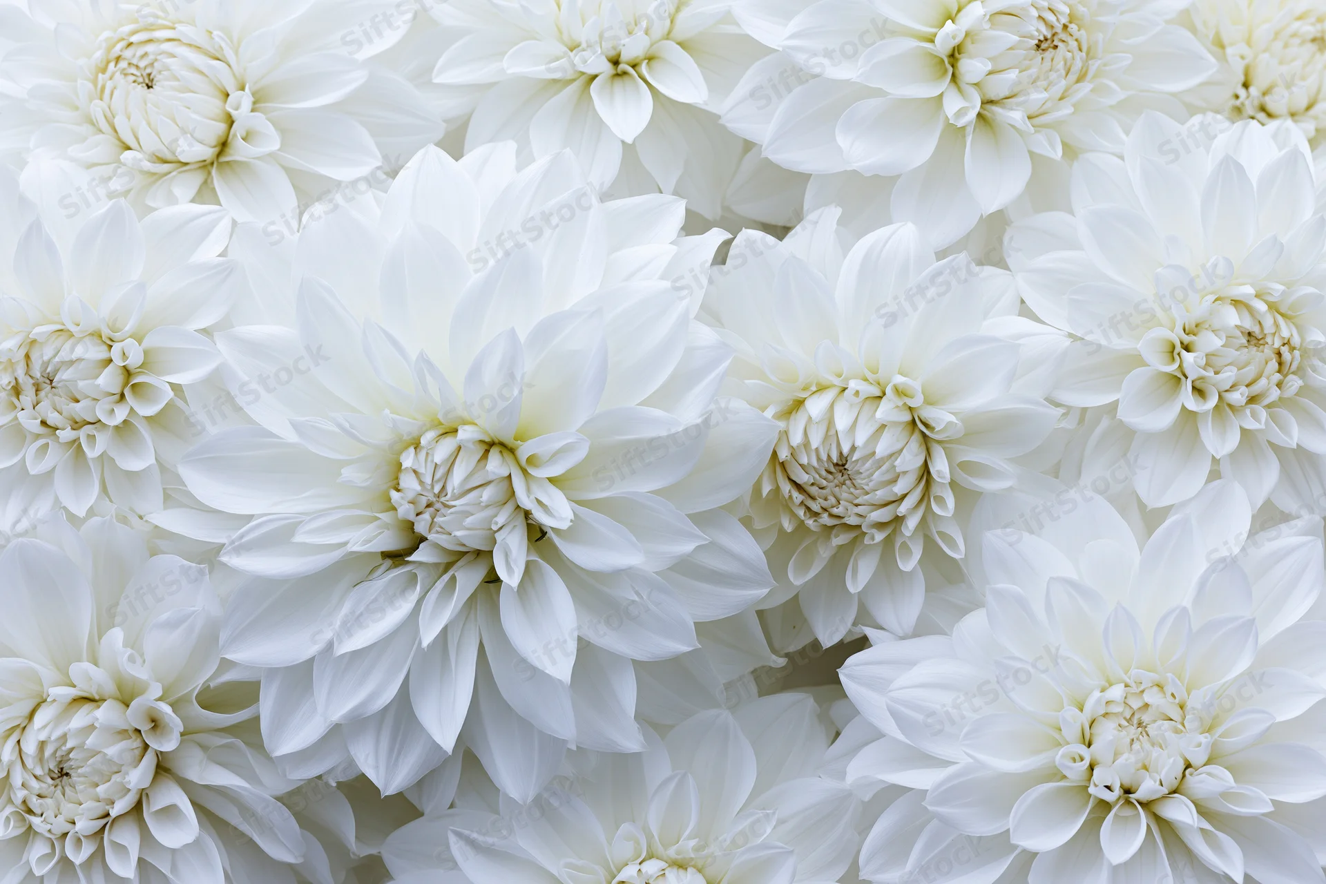 White dahlia flowers densely packed in a flat lay arrangement