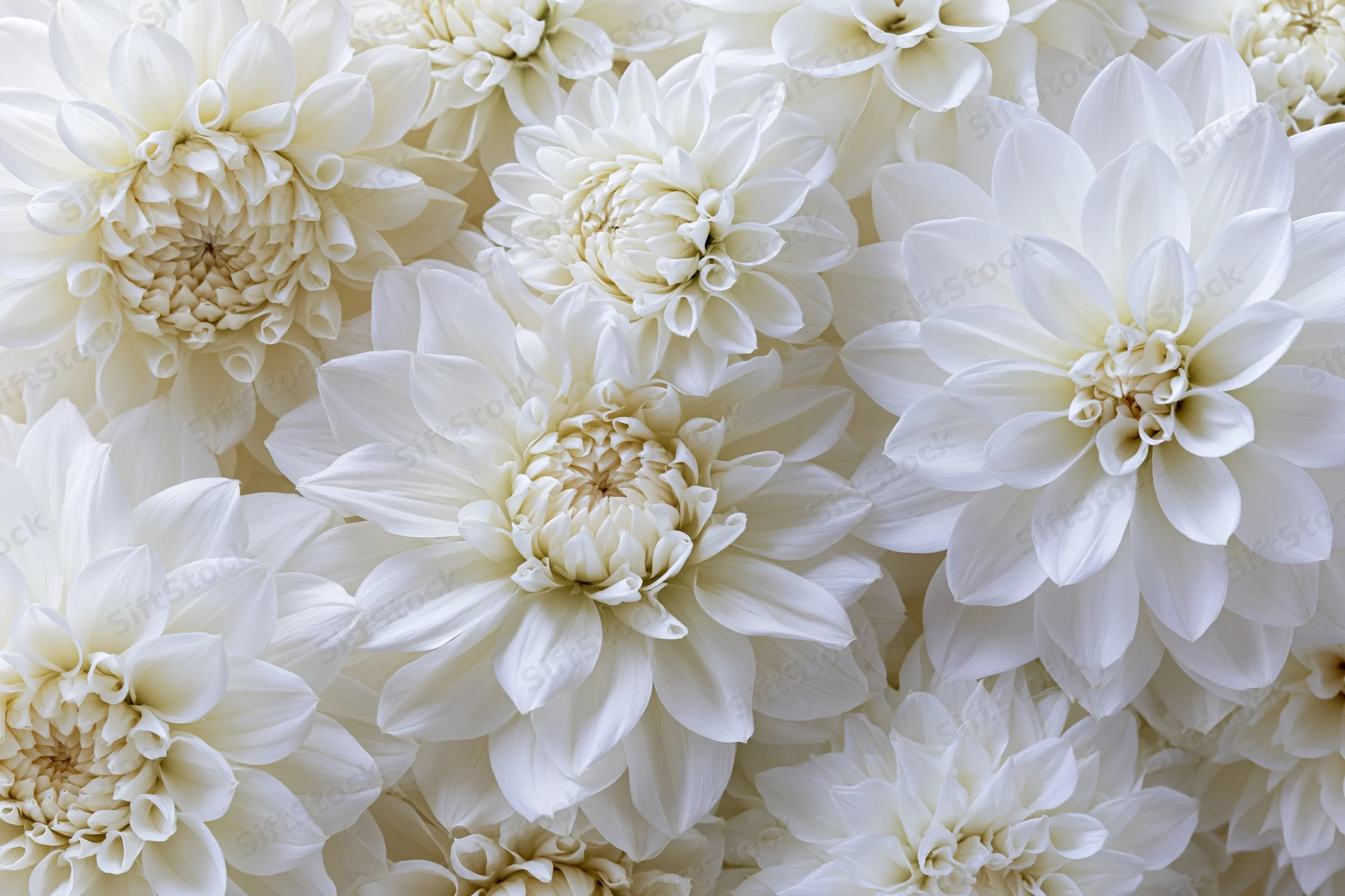 White dahlia flowers densely packed in a flat lay arrangement