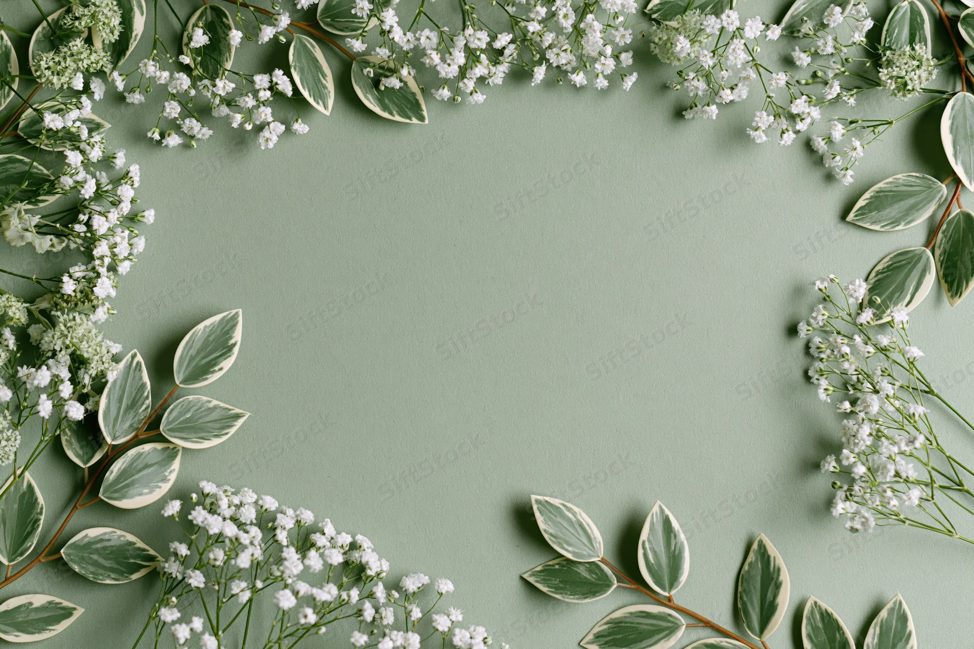 White gypsophila and variegated green leaves arranged in a flat lay border on a green background with copyspace