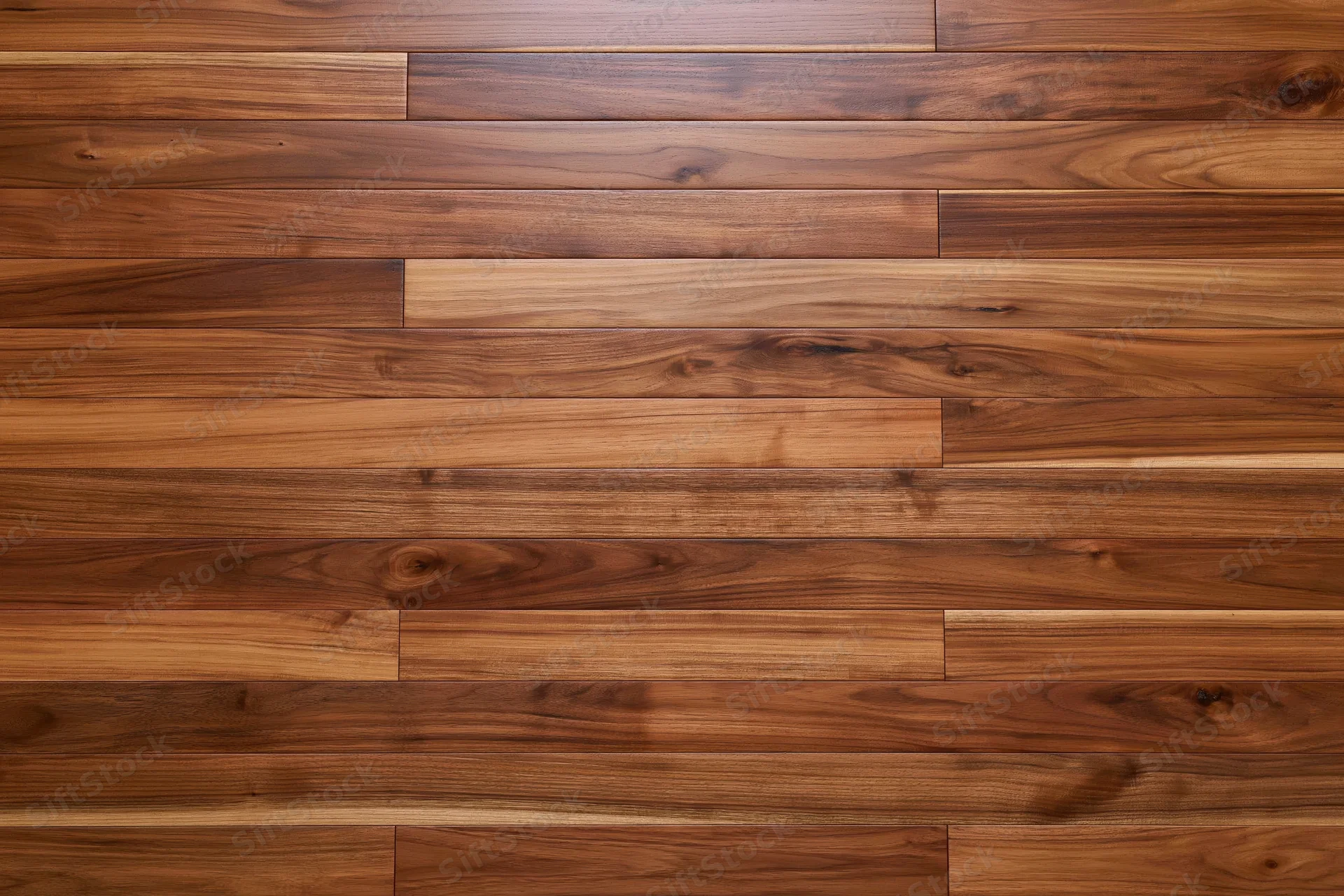 Medium-brown hardwood parquet floor arranged in horizontal planks with visible wood grain and natural texture