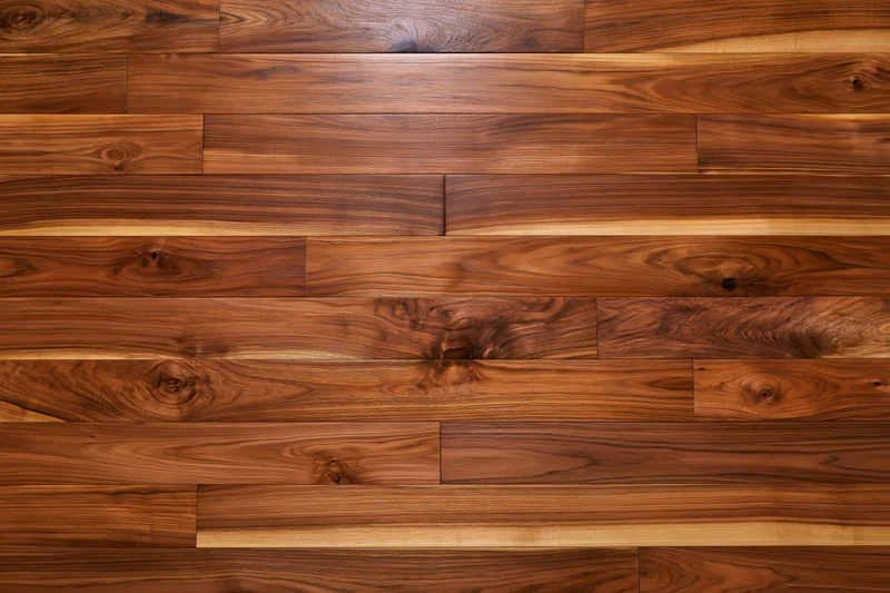 Medium-brown hardwood parquet floor arranged in horizontal planks with visible wood grain and knots, viewed from overhead