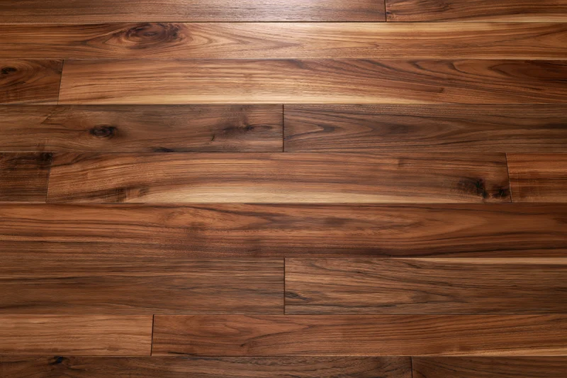 Medium-brown hardwood parquet floor viewed from above in a flat overhead close-up