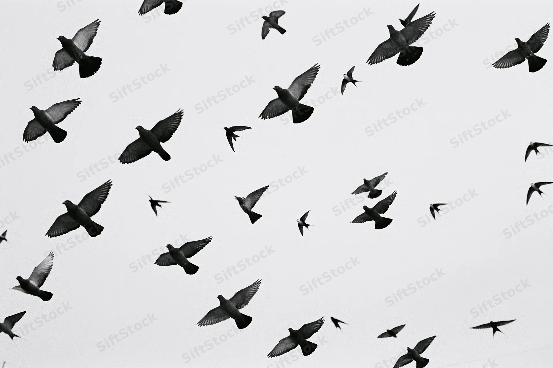 Flock of pigeons and swifts in mid-flight against a plain sky