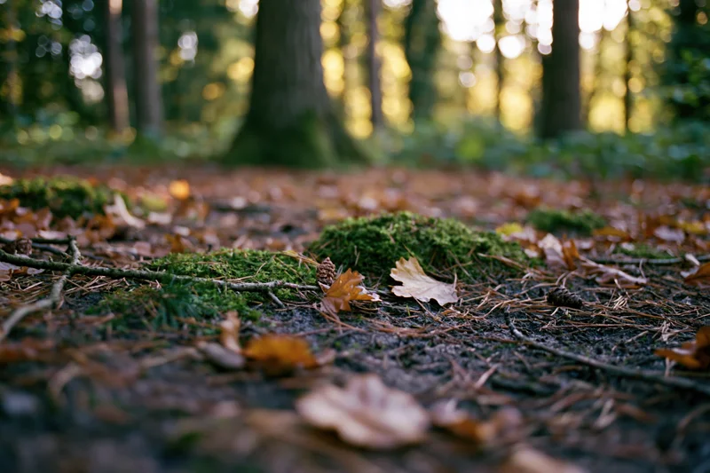 Moss patches and scattered fallen leaves on forest floor with dappled sunlight filtering through trees