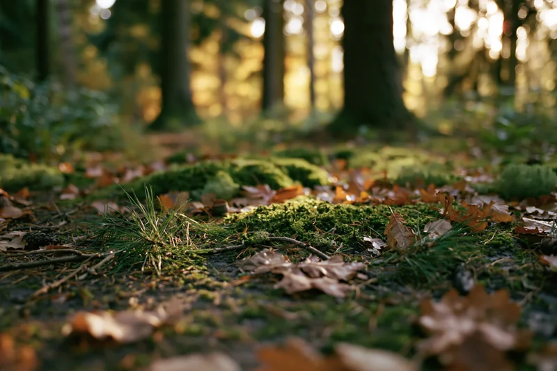 Moss patches and scattered autumn leaves on forest floor with dappled sunlight filtering through trees