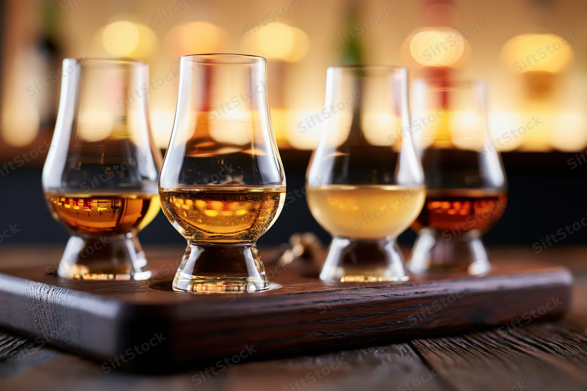Four glencairn whisky glasses arranged in a tasting flight on a wooden tray with warm bokeh lighting in the background
