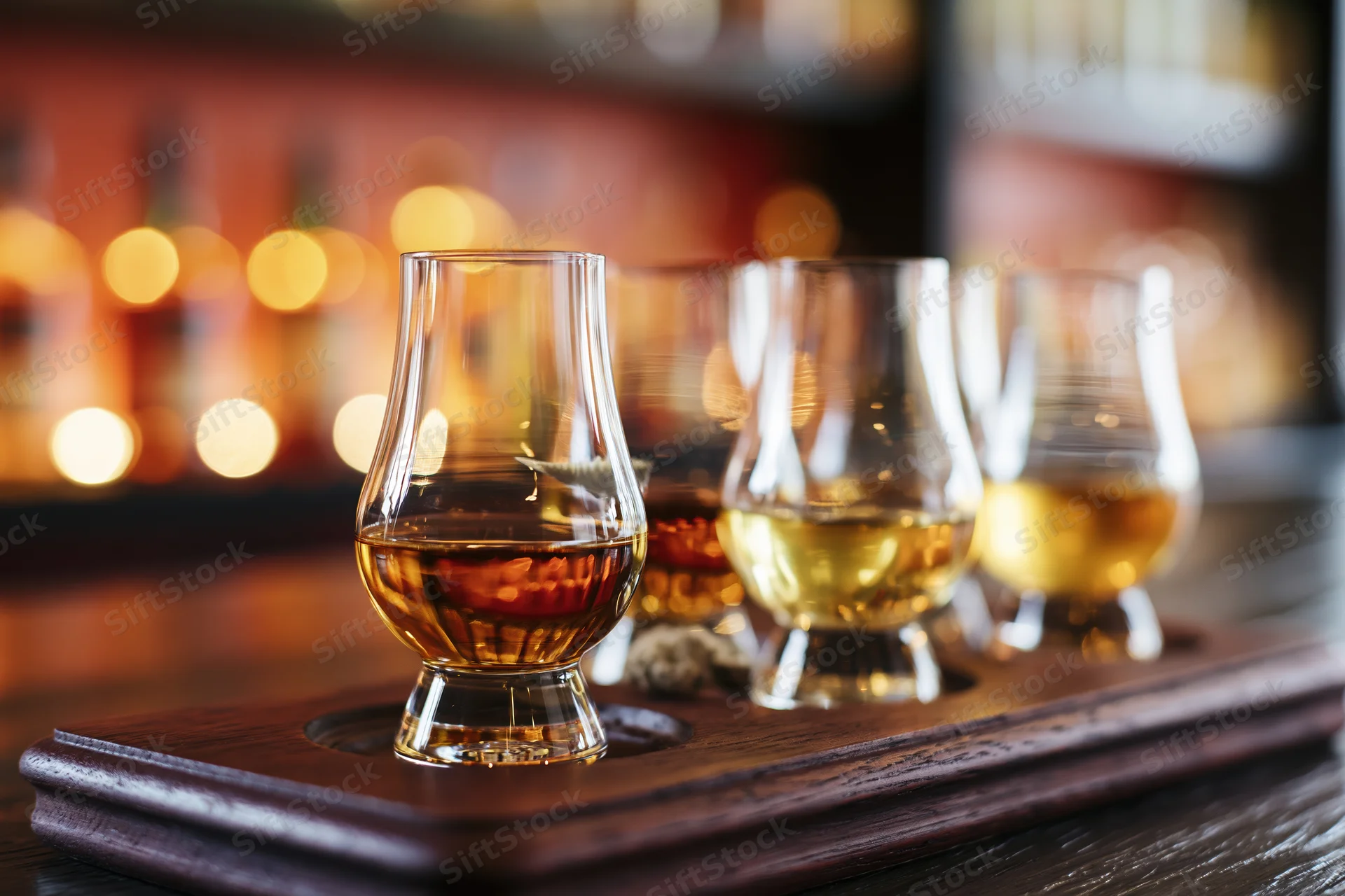 Four glencairn whisky glasses arranged in a tasting flight on a wooden tray at a bar
