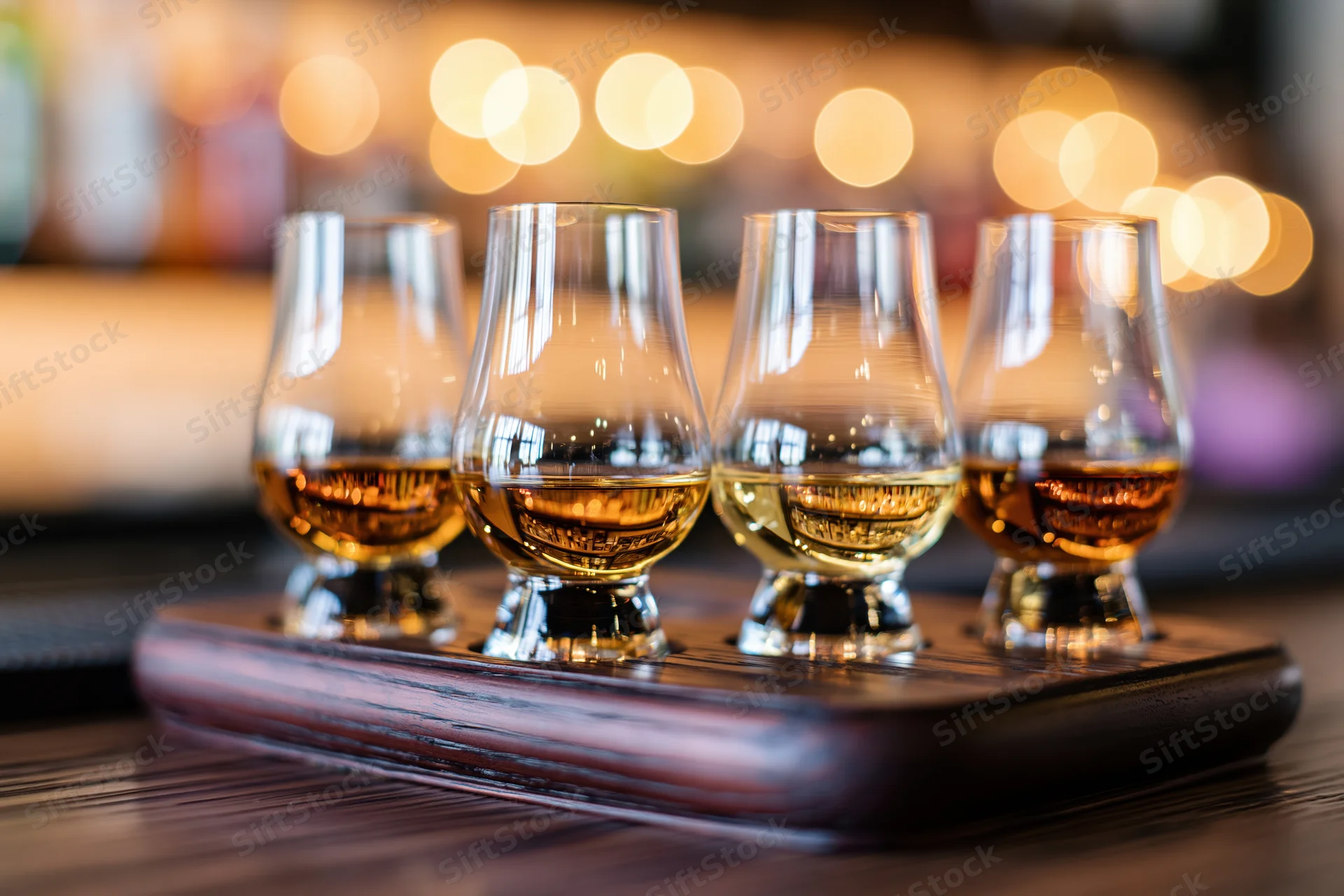 Four glencairn whisky glasses arranged in a tasting flight on a wooden tray with warm bokeh lights in the background