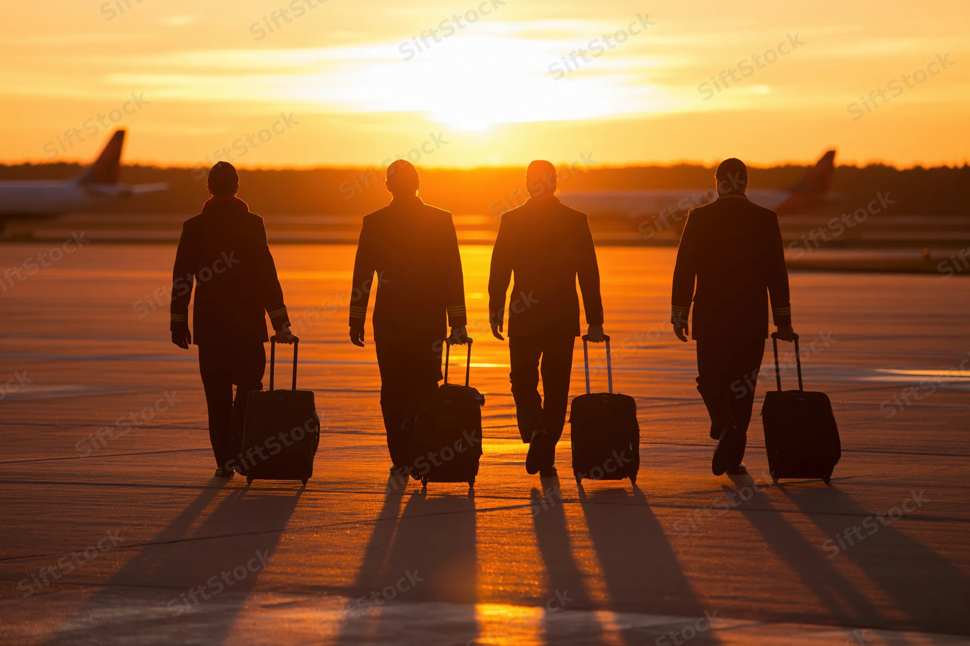 Four airline crew members walking away with rolling suitcases across airport tarmac at sunset