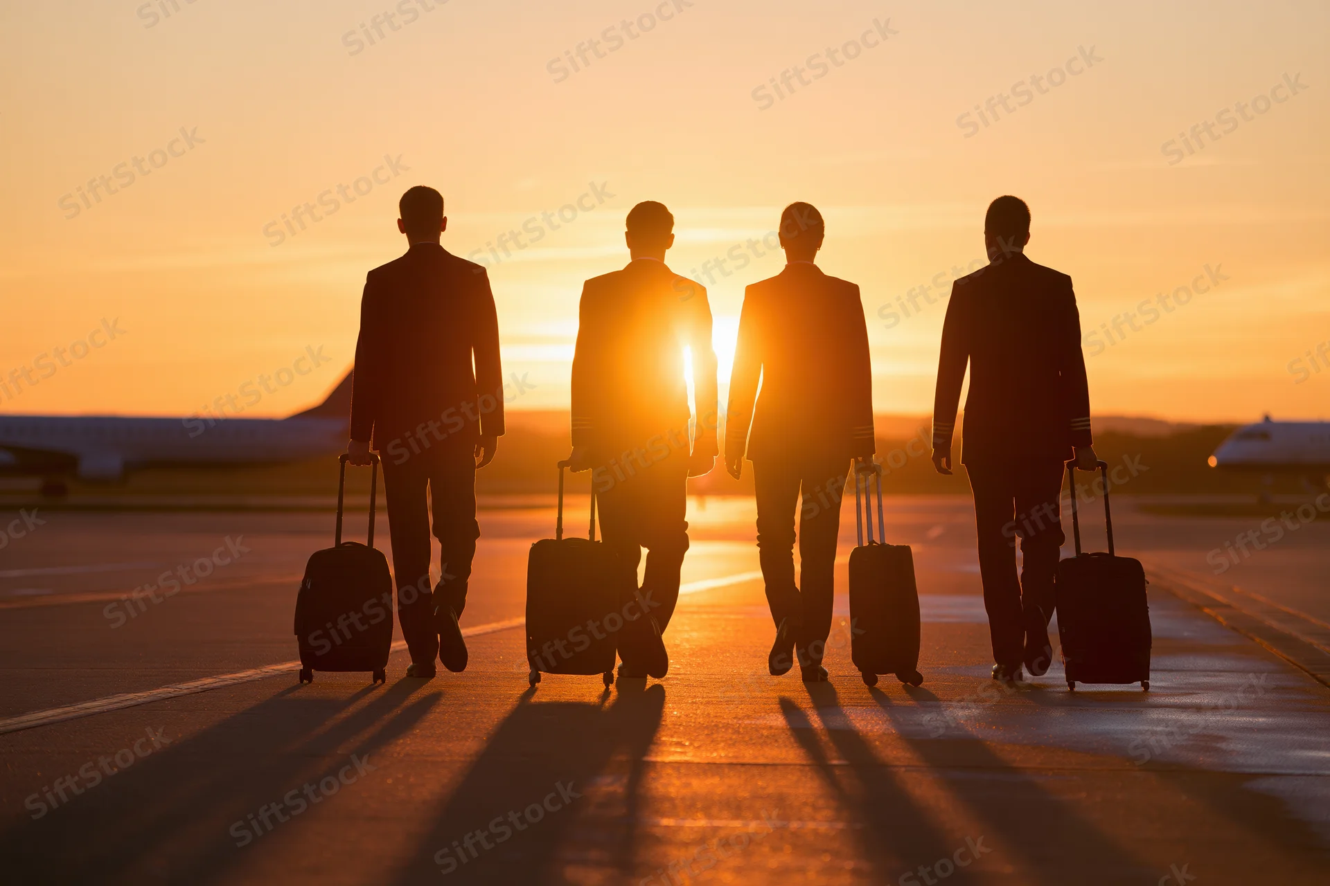 Four airline crew members walking away with suitcases across airport tarmac at sunset