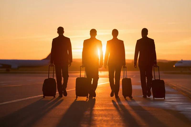 Four airline crew members walking away with suitcases across airport tarmac at sunset
