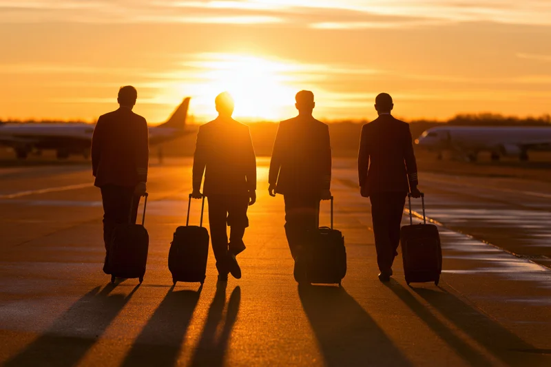 Four airline crew members walking away with rolling suitcases on airport tarmac at sunset