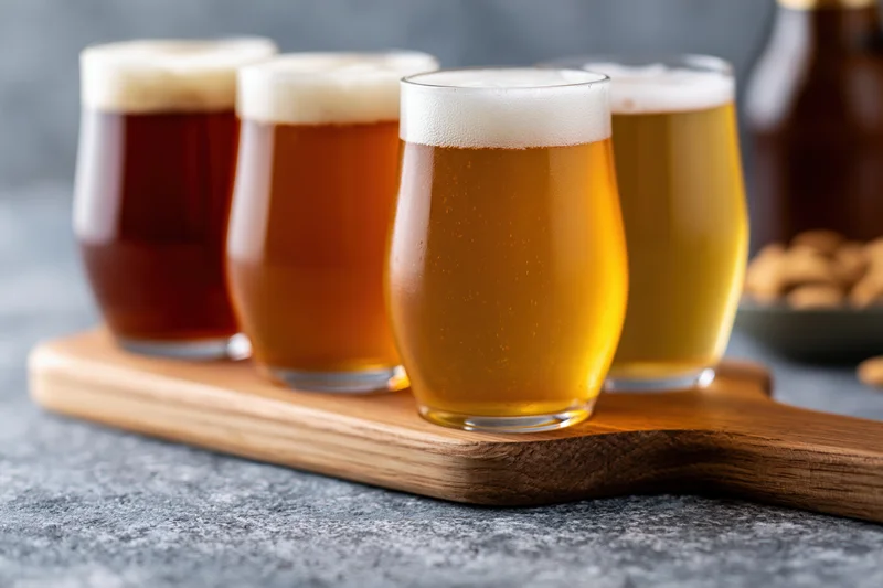 Four craft beer tasting glasses arranged in a row on a wooden tray with foam heads and varying colors