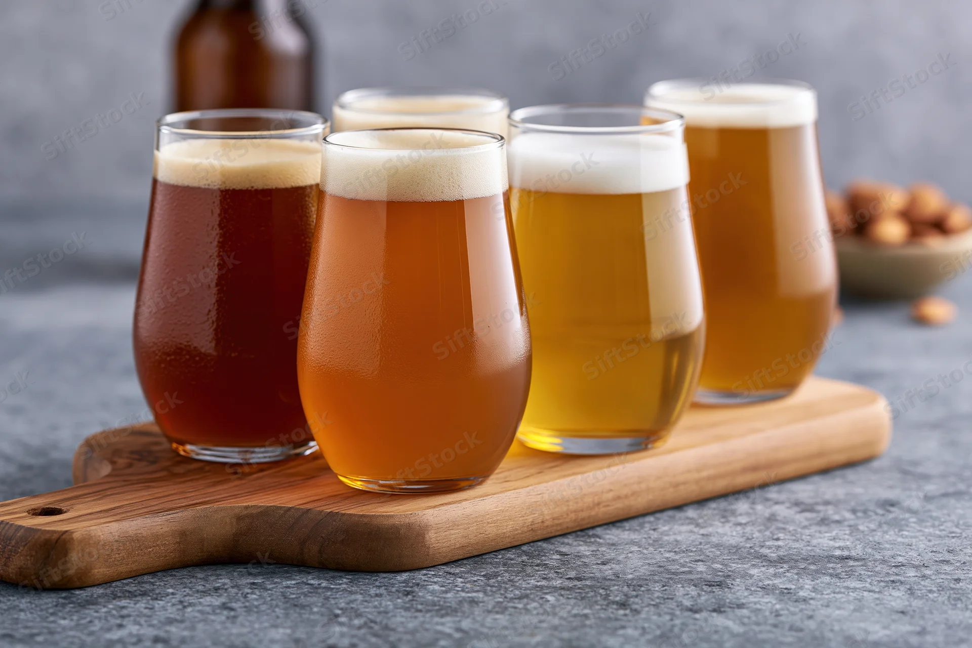 Four craft beer tasting glasses arranged in a row on a wooden board with foam heads and condensation, set on a gray surface