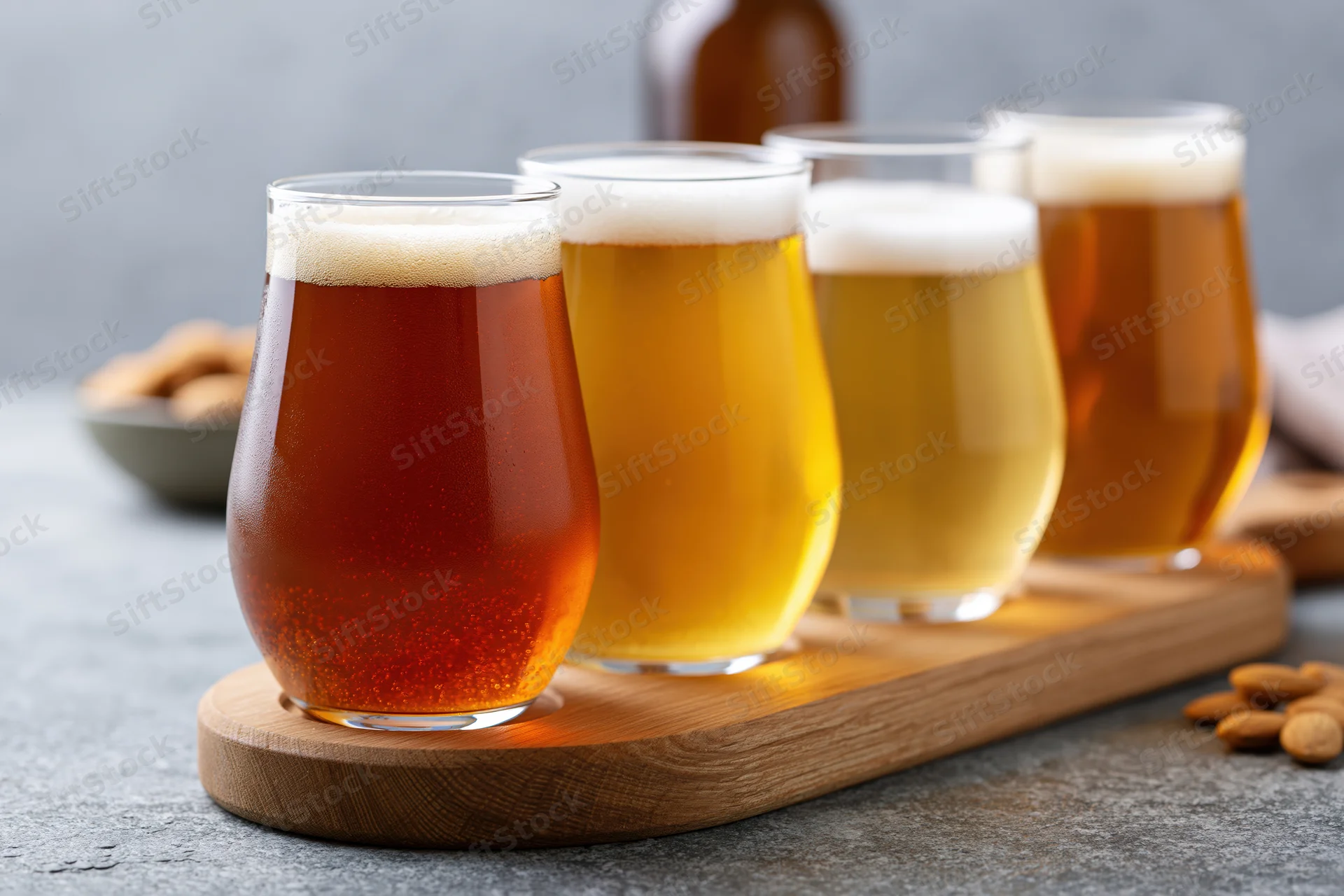 Four craft beer tasting glasses arranged in a row on a wooden tray with foam and condensation, set on a gray surface with scattered almonds nearby