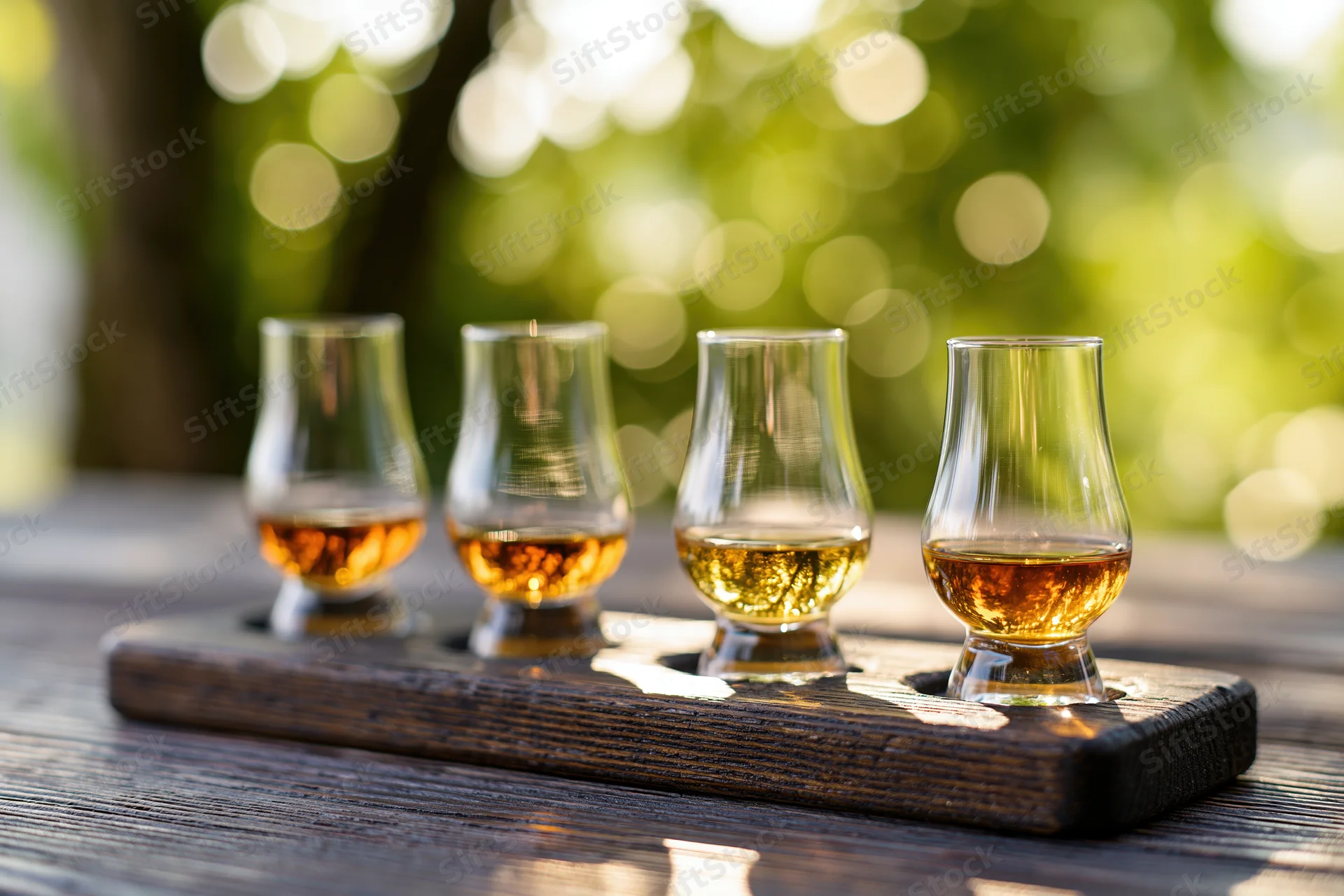 Four glencairn whisky tasting glasses arranged in a row on a wooden tray outdoors in sunlight