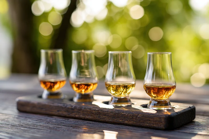 Four glencairn whisky tasting glasses arranged in a row on a wooden tray outdoors in sunlight