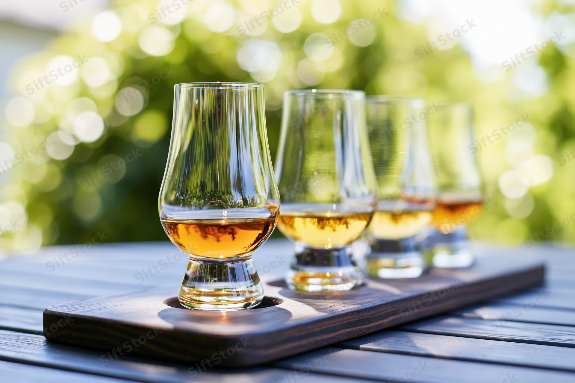 Four glencairn whisky tasting glasses arranged in a row on a wooden tray outdoors on a deck with green foliage in the background
