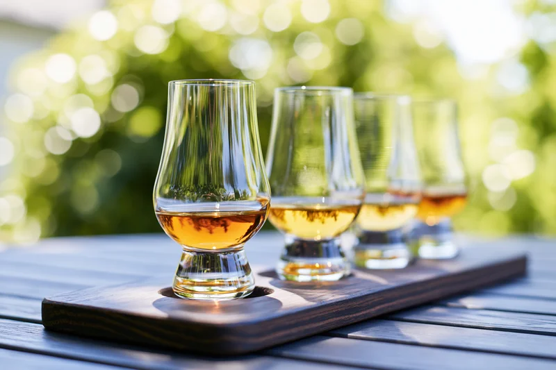 Four glencairn whisky tasting glasses arranged in a row on a wooden tray outdoors on a deck with green foliage in the background